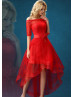 Off Shoulder Red Polka Dots Tulle High Low Evening Dress